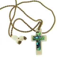 Crucifixes Crosses: Bone & Paua Cross Necklace: 40mm on cord