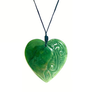 Greenstone: NZ GREENSTONE HEART with CARVED KORU FACE - 60mm