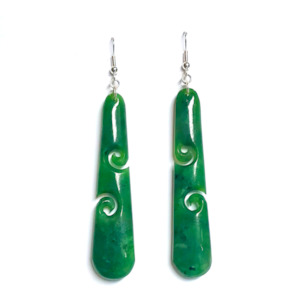 NZ Greenstone Teardrop Earrings with Double Koru - 70mm