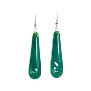 Earrings: NZ Greenstone Teardrop Earrings with Koru - 60mm