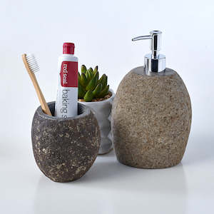 Bathroom Sets: Luxury 2 Piece Raw Stone Soap Dispenser & Toothbrush Holder