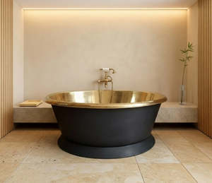 Small Baths Under 1500mm: Matte Black and Brass Bath 1600mm - CBRUM45 1600