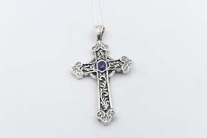 Stg Silver Pendents: Stg Silver Heavy Cross with Amethyst