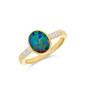 Gold Ladies Rings: 9ct Gold Goddess Oval Triplet Opal Diamond Ring
