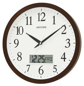 Rhythm Wooden Wall Clock with LCD Silent Silky Movement CFG903NR06