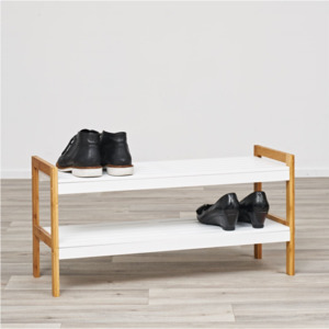 Shoe Rack 2 Tier White & Bamboo