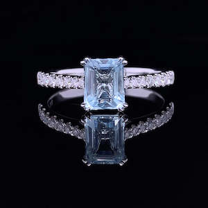 Coloured Gem Rings: Emerald Cut Aquamarine & Moissanite
