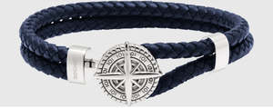 CAPE HORN: 10mm polished steel bracelet with blue braided leather straps. 21cm. One size