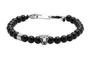 Talisman Bracelet - Black Beaded with Silver Tiger head