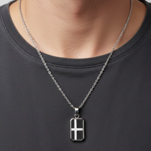 Mens Jewellery: Rochet – Kingdom Steel & Carbon Cross Pendant Necklace