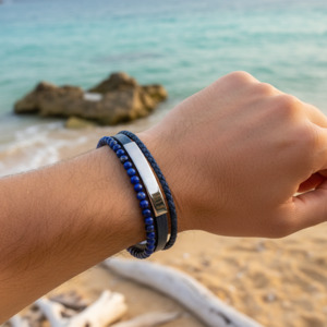 Rochet – Yale Polished Steel, Blue Leather & Lapis Lazuli Bracelet