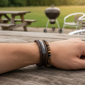 Mens Jewellery: Rochet – Yale Vintage Steel, Brown Leather & Tiger Eye Bracelet