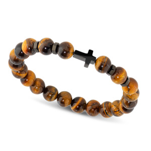 Bracelets 1: MYSTERES: ELASTIC BRACELET WITH 8MM TIGER'S EYE QUARTZ BEADS, AND IP BLACK CROSS. ONE SIZE
