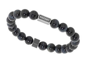 ZEN: 8MM BLUE TIGERS EYE & KNURLED VINTAGE STEEL BEADS. ELASTIC BRACELET