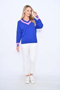Cali Co: Cali & Co | Stripe V-neck Short Jumper - Blue/Pink