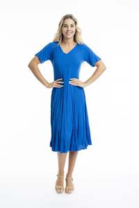 Orientique: Orientique | Essentials Rayon Dobby Short Sleeve Godet Dress - Electric Blue