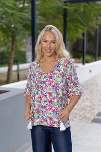Willow Tree | Rayon Floral Print Tie Top - Multi