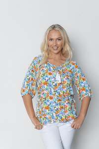 Willow Tree | Rayon Floral Print Tie Neck Top - Blue