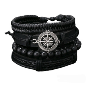 Leather Bracelets Wristbands: Black Leather Compass Bracelet Set • 4 Pcs