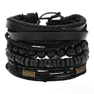 Leather Bracelets Wristbands: Black Leather + Wood Bead Bracelet Set • 4 Pcs