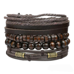 Leather Bracelets Wristbands: Dark Brown Leather + Wood Bead Bracelet Set • 4 Pcs