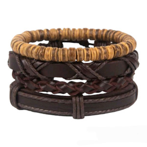 Leather Bracelets Wristbands: Dark Brown Leather + Coconut Shell Bracelet Set • 4 Pcs