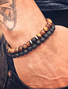 Leather Bracelets Wristbands: Volcanic Stone Agate | Tiger Eye Beaded Bracelet • 2 Pces