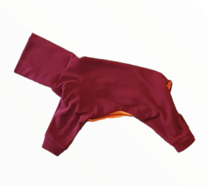 STYLECOM.NZ • NZ DESIGNER DOG PJS • CLARET RED + ORANGE TRIM • SIZE S
