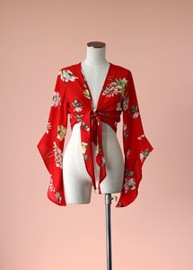 Products: Mirrou - Red Floral Angel Sleeve Tie Top, Size 10 - Styled in Seconds