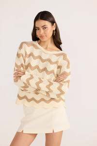 Clothing: Mink Pink Brooke Crochet Wave Print - Brown/White