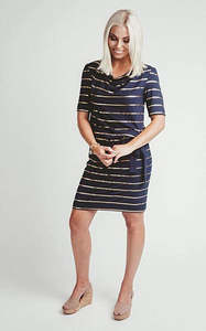 Dresses: Mi Moso Darcy Dress Navy/Gold foil stripe
