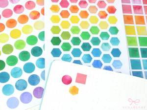 Watercolor Planner and Journal Stickers: Rainbow Hexagon  Dot  Square Labels