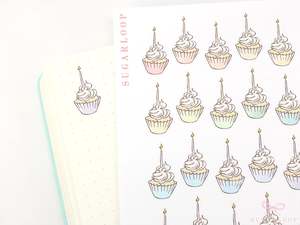 Events Celebrations: Cute Birthday Cupcake with Candle Reminder Stickers for Planners