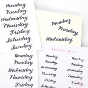 Days Dates Months: Days of The Week Ink Wash Script Journal and Planner Stickers: 1in (25 mm) 1.5in (38 mm) 1.75in (45 mm) Wide