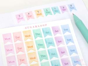 Watercolor Flag Days of The Week Planner and Journal Stickers: Hand lettered