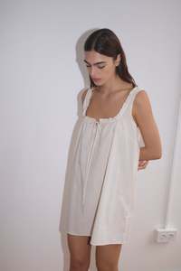 Button Frill Mini Dress in Stone Stripe