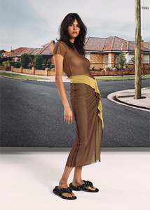 Dresses: Double Layer Mesh Dress in Brown & Yellow