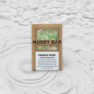 Muddy Bar Soap: FRENCH PEAR SOAP, with ground apricot shell.