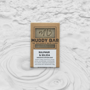 Muddy Bar Soap: SULPHUR SOAP, with silica and volcanic clay.