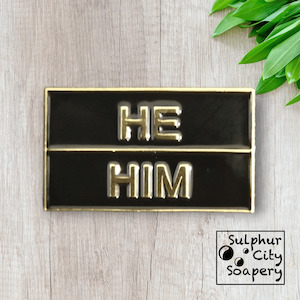 Proud As Punch: He / Him Pronoun Pin - in black and gold