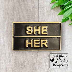 Proud As Punch: She / Her Pronoun Pin - in black and gold