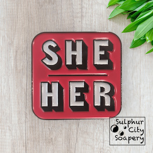 She / Her Pronoun Pin - in black and pink