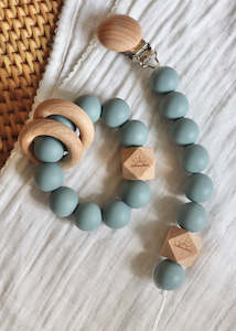 Essential Teether & Dummy Clip Bundle - Skipping Stone Blue