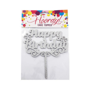 Cake Topper - Silver Glitter Happy Birthday
