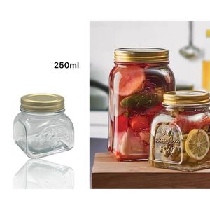 Jars: Glass Square Jar w Gold Metal Lid 250ml