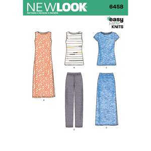 Pattern - NEW LOOK-  N6458 - Misses’ Knit Tank, T-Shirt, Trousers, Skirt and Dress