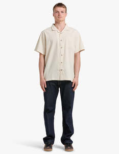 Mctavish: Linen Camp Collar Shirt - Tan Multi