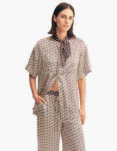 Shona Joy: Monogram Silk Contrast Shirt - Espresso Stamp
