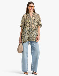 Shona Joy: Hadiya Side Split Short Sleeve Shirt - Almond/Multi