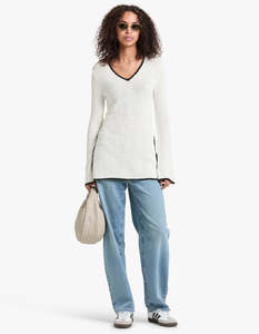 Shona Joy: Lena Plunged Long Sleeve Top - Ivory/Black